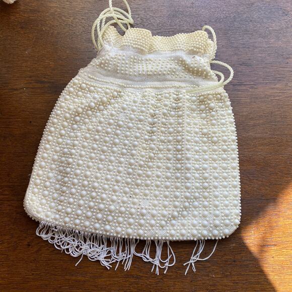 Vintage 1960s Plastic Embellished Cream Drawstring Pouch - Picture 1 of 4